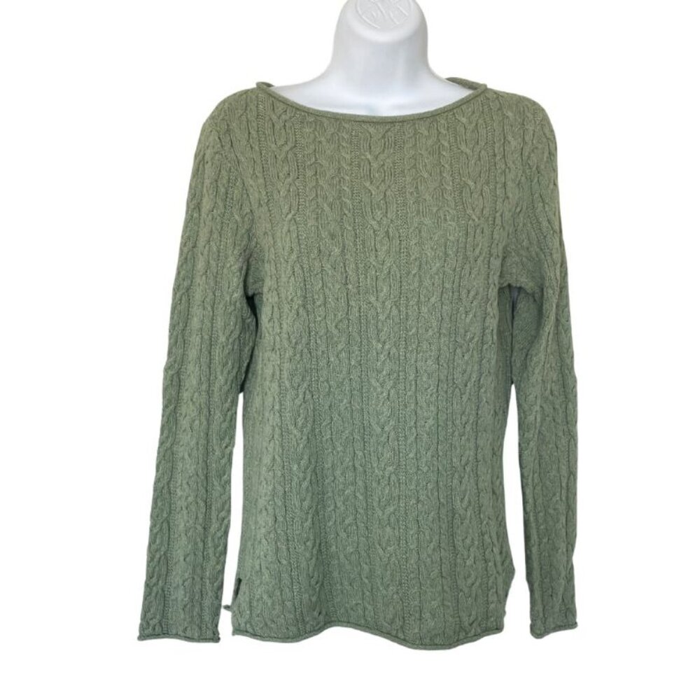 Lauren Ralph Lauren Green Cable Knit Sweater Sz M Boat Neck Cotton Preppy